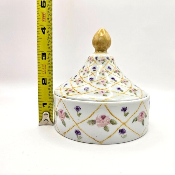 Hand-Painted Floral Porcelain Trinket Box With Gold Accents & Lid - Picture 10 of 15